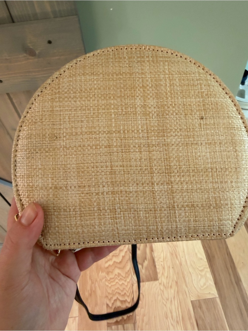 Mystique Woven Straw Raffia Round Crossbody Bag Black Strap Boho Summer